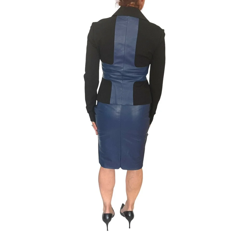 ROBERT RODRIGUEZ  SCUBA NAVY LEATHER COLORBLOCK MOTO JACKET SKIRT SUIT SET 2/4